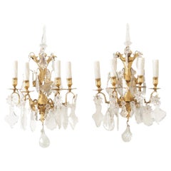 Vintage French Pair of Brass and Crystal Sconces