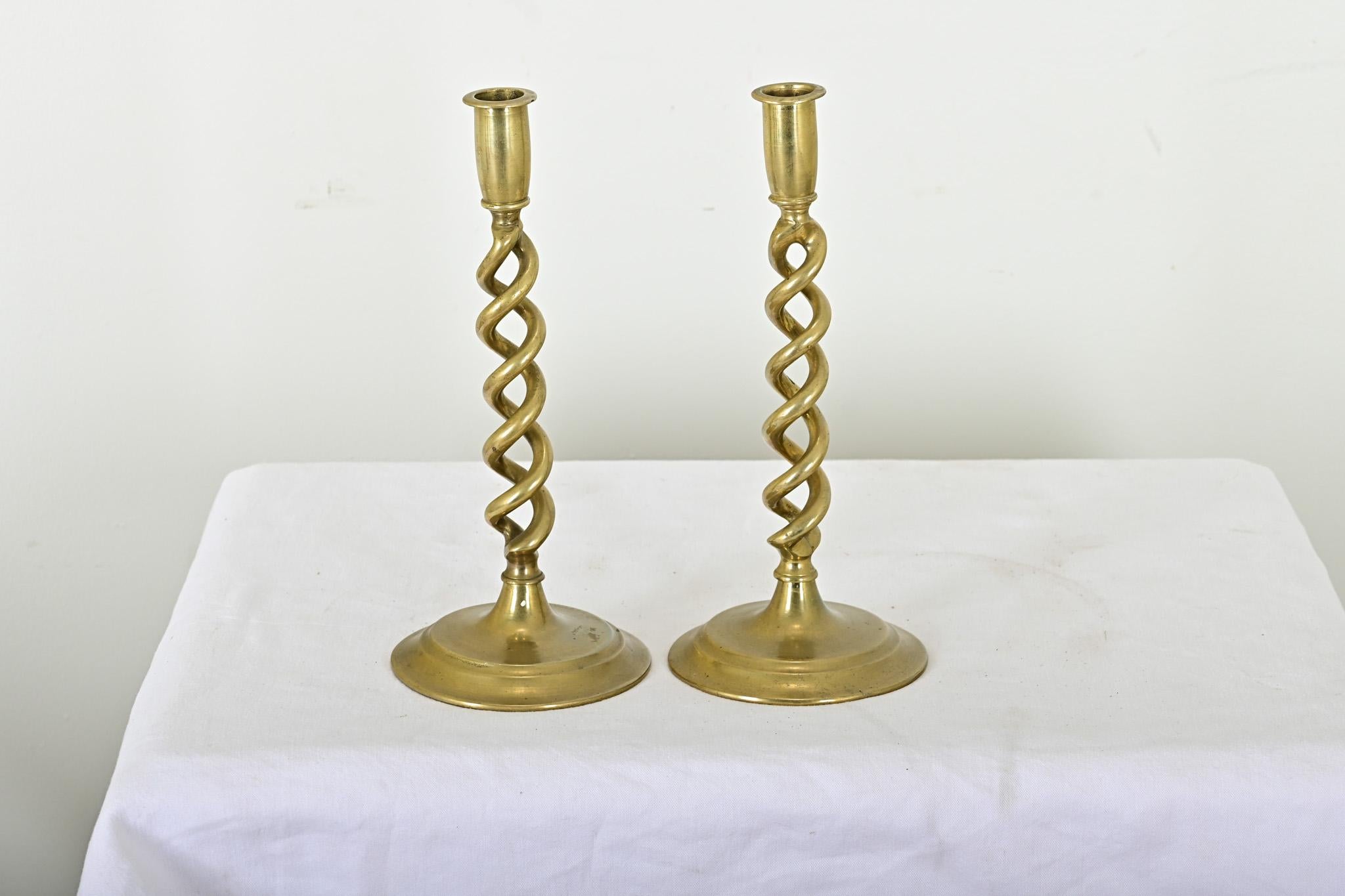 Forged French Pair of Brass Barley Twist Candlesticks For Sale