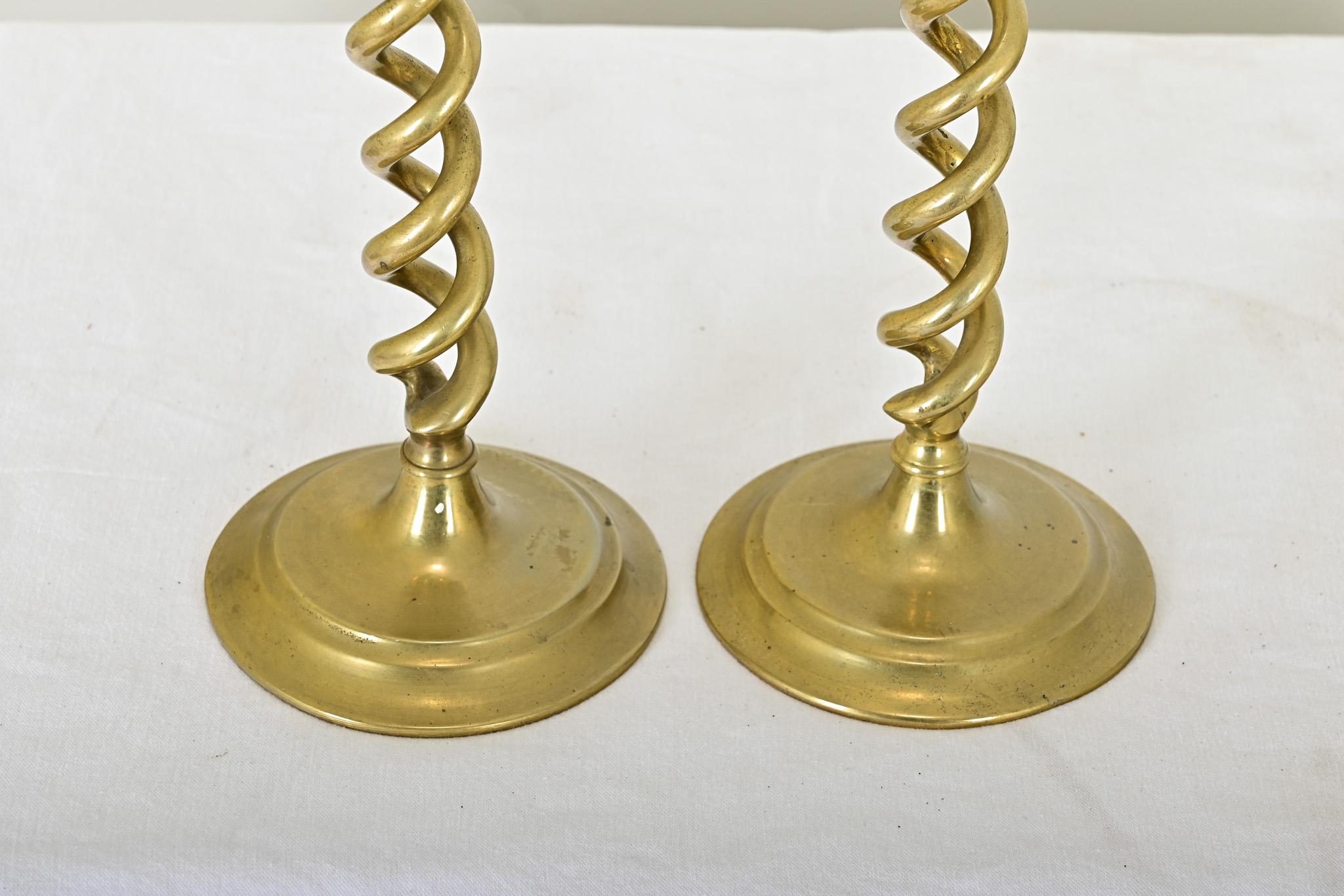 19th Century French Pair of Brass Barley Twist Candlesticks For Sale