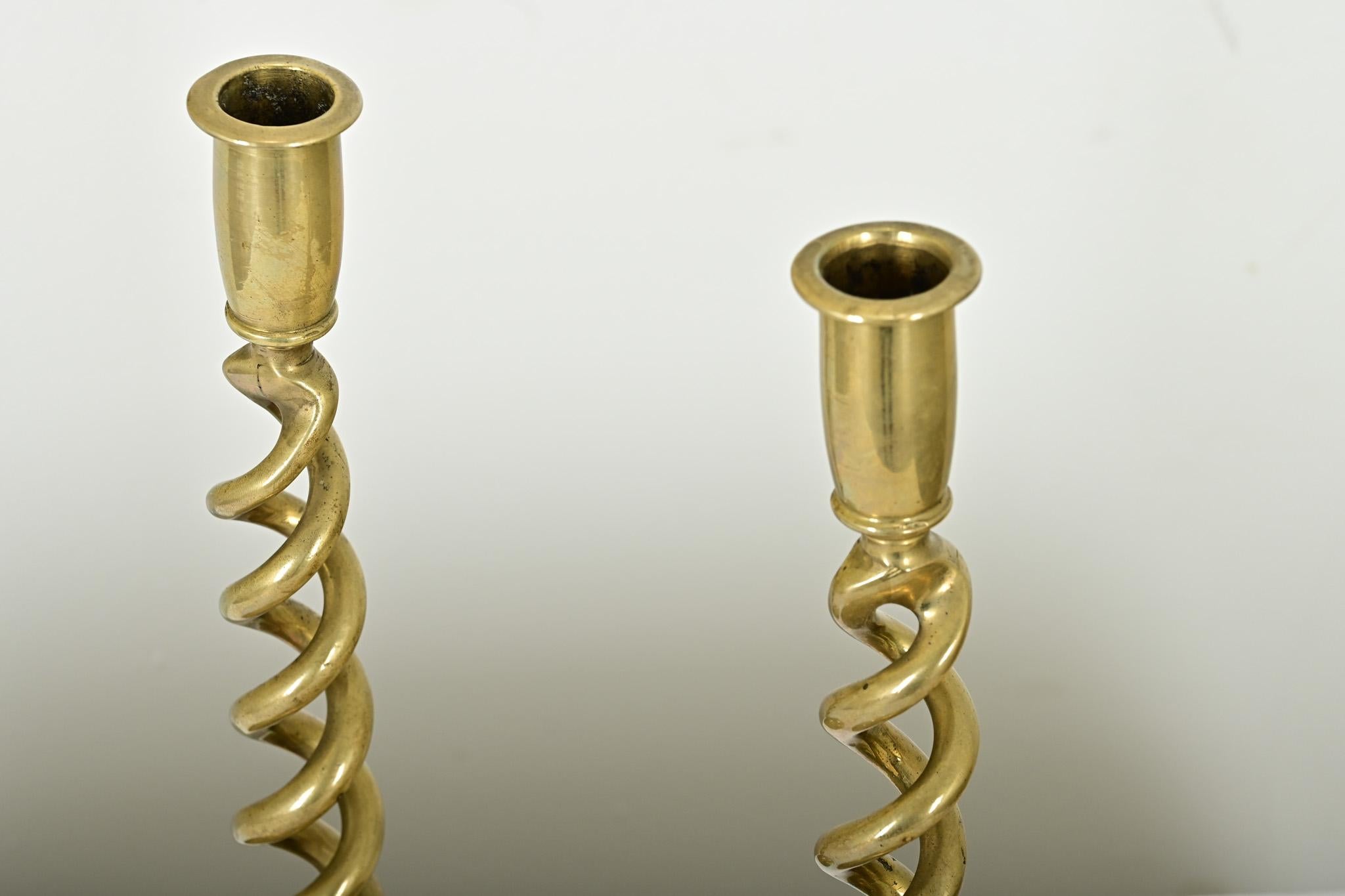 French Pair of Brass Barley Twist Candlesticks For Sale 1