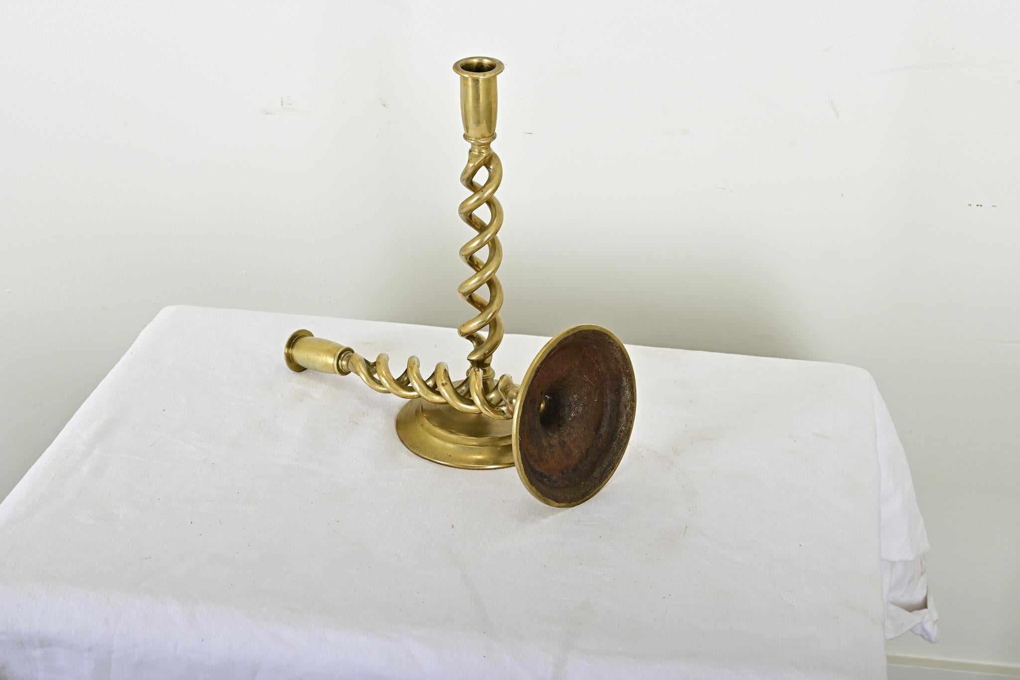 French Pair of Brass Barley Twist Candlesticks For Sale 2