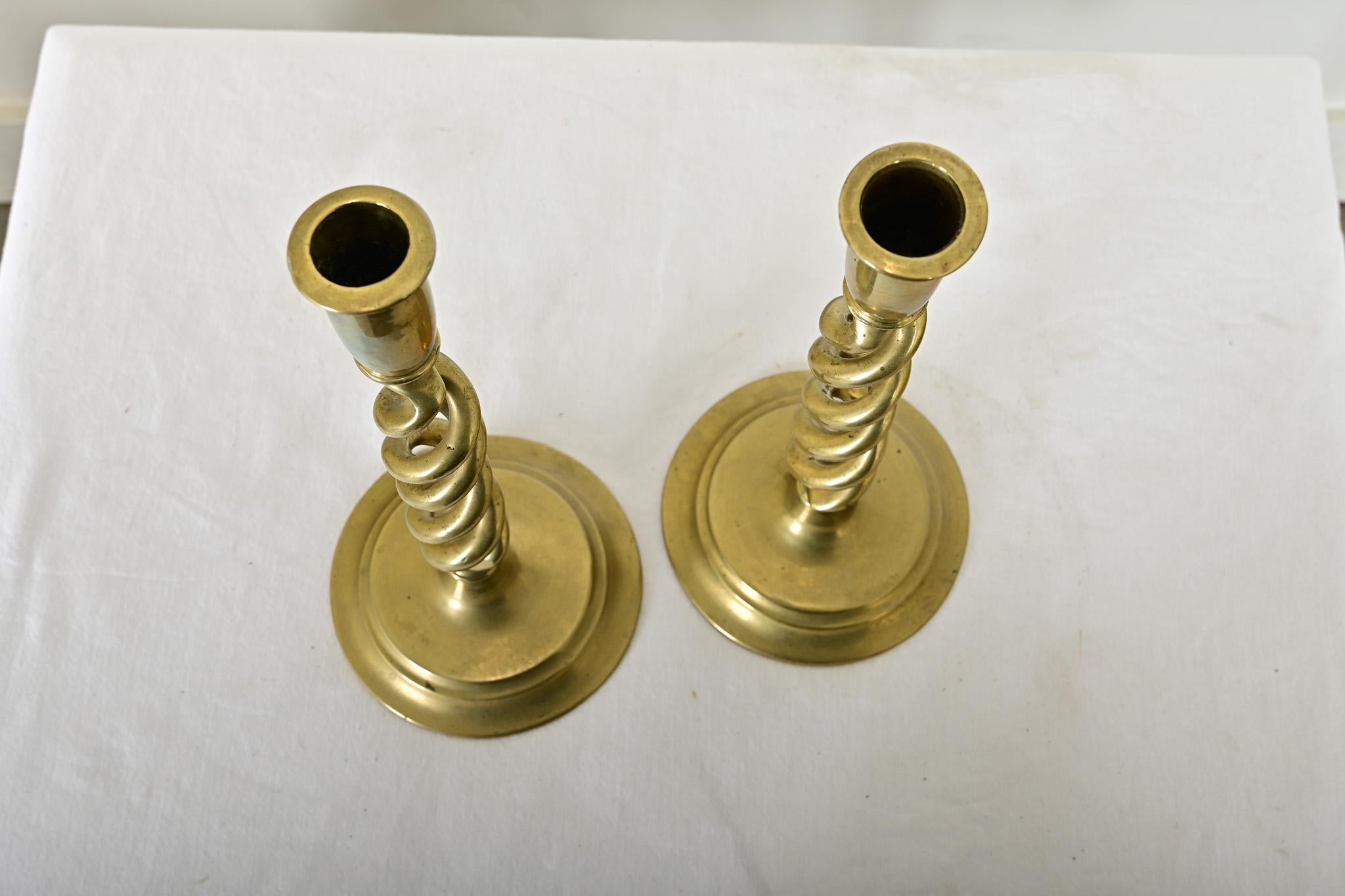 French Pair of Brass Barley Twist Candlesticks For Sale 3
