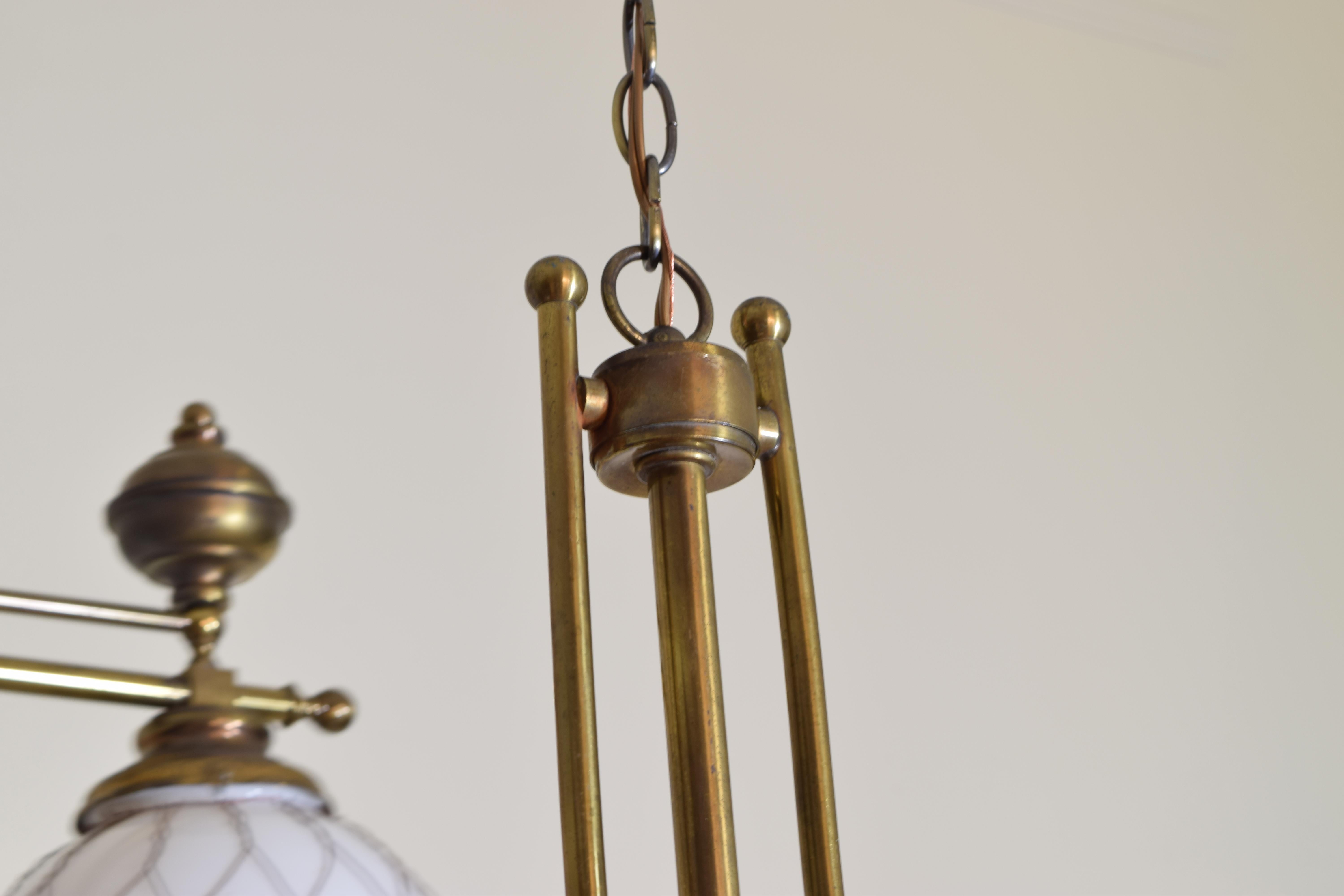 French Pair of Brass Bistro Globe Chandeliers, circa 1910, Now UL Wired 3