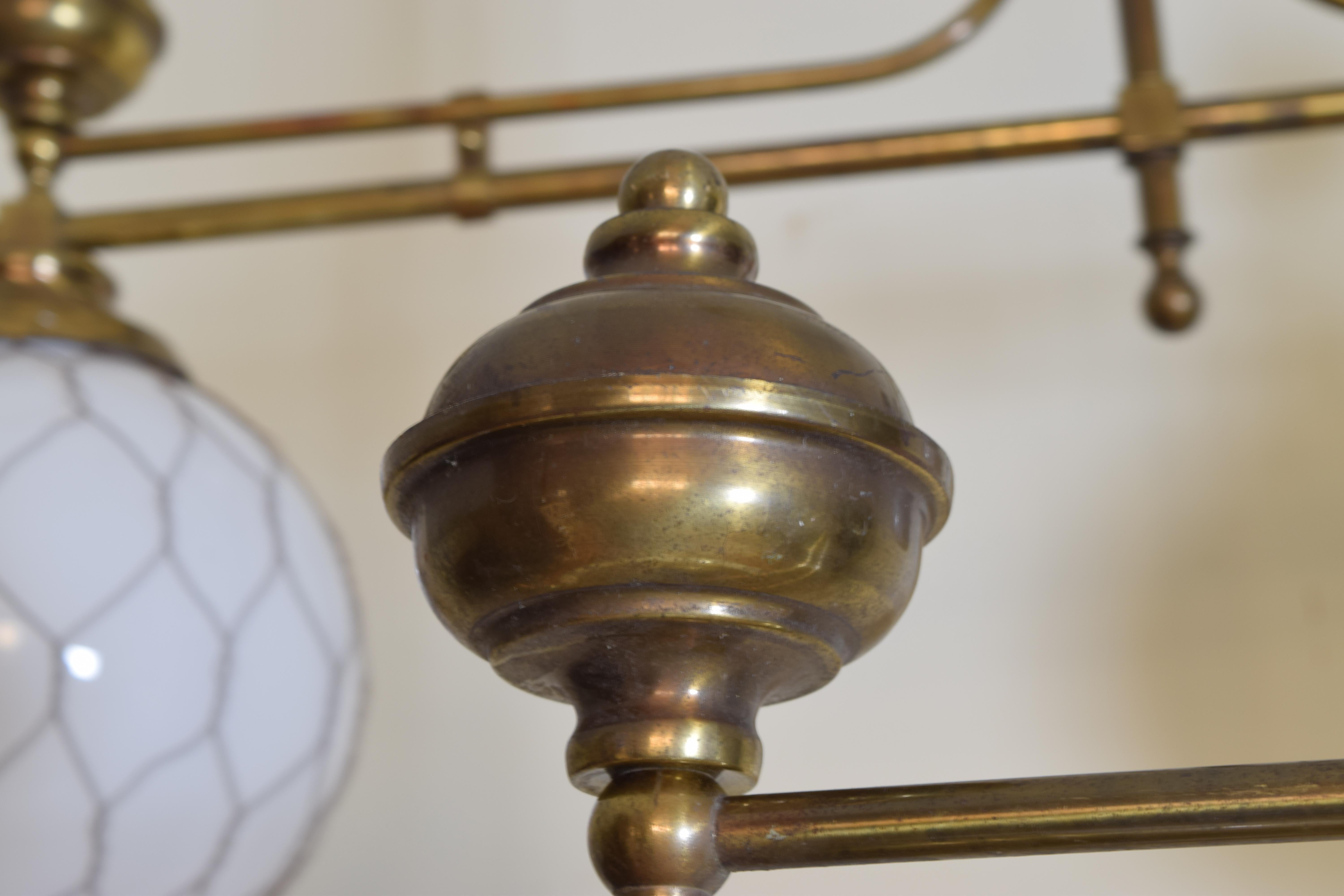 French Pair of Brass Bistro Globe Chandeliers, circa 1910, Now UL Wired 4
