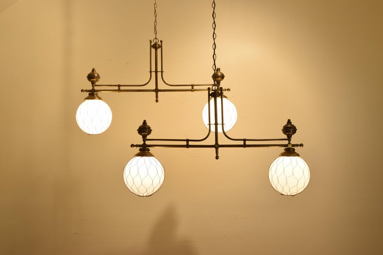 French Pair of Brass Bistro Globe Chandeliers, circa 1910, Now UL Wired ...