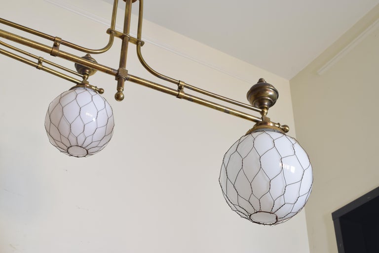 French Pair of Brass Bistro Globe Chandeliers, circa 1910, Now UL Wired ...