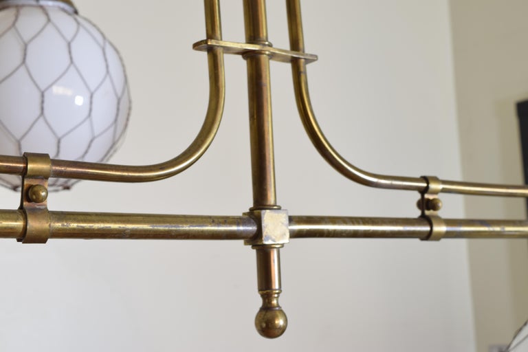 French Pair of Brass Bistro Globe Chandeliers, circa 1910, Now UL Wired ...