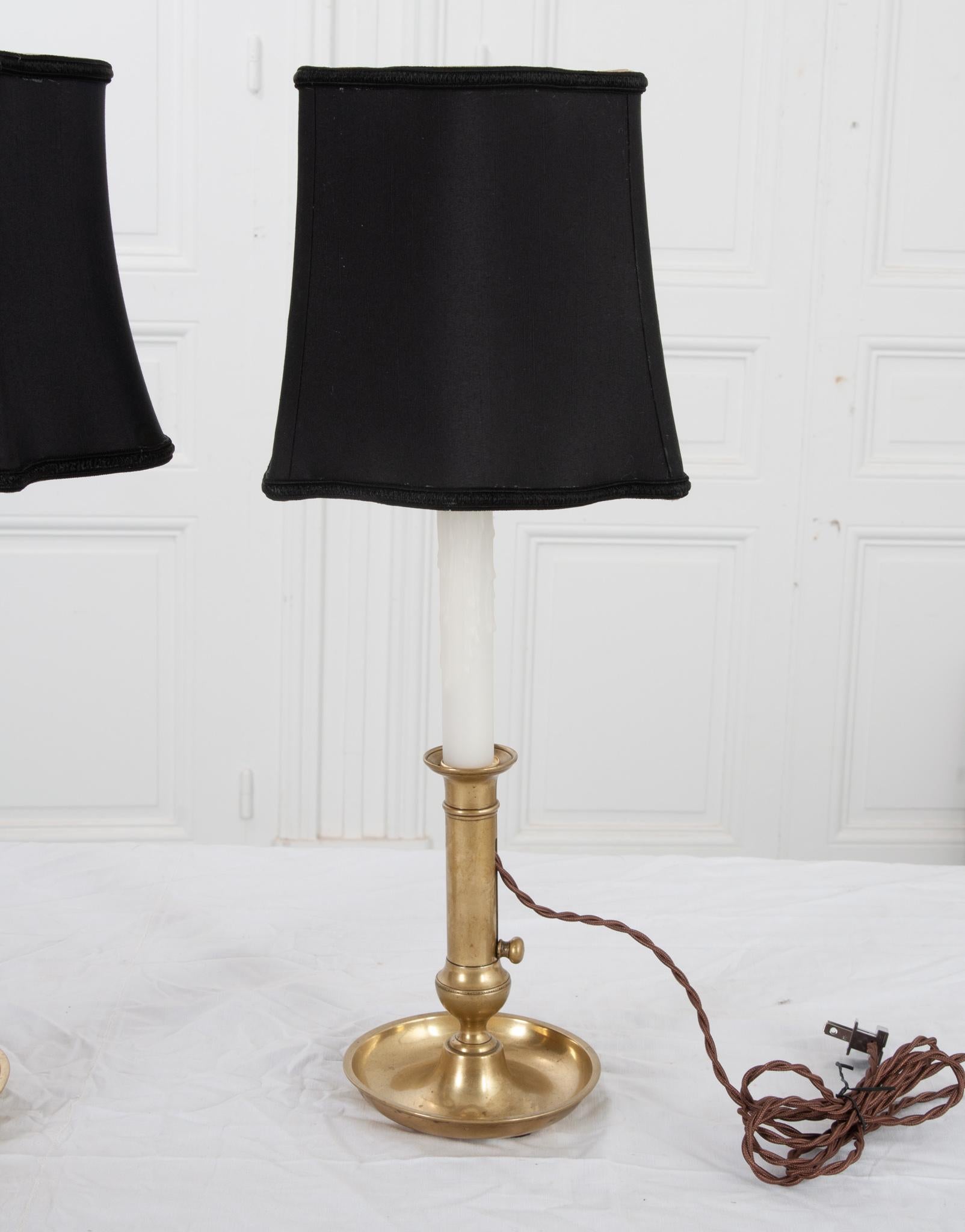 20th Century French Pair of Brass Candlestick Lamps