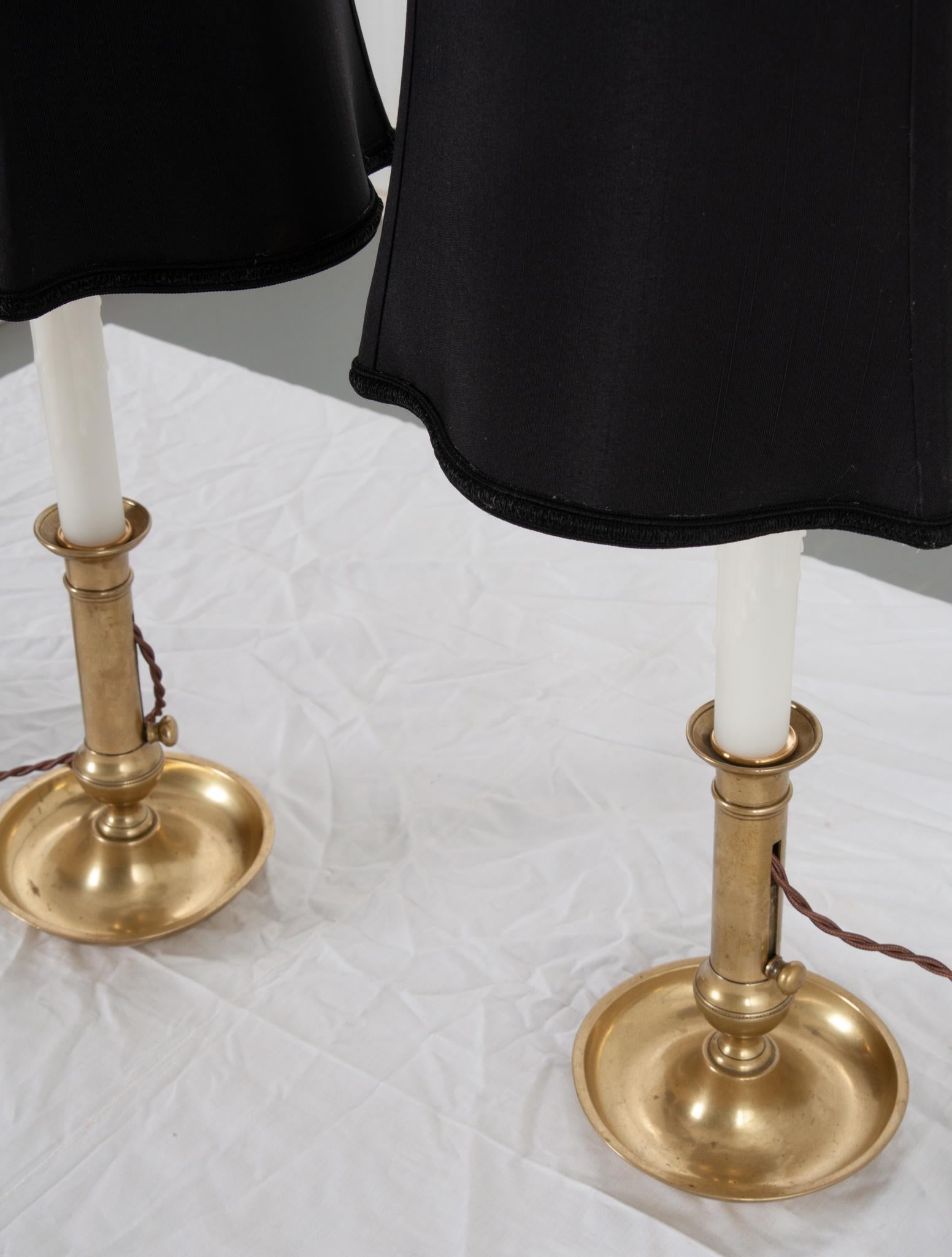 French Pair of Brass Candlestick Lamps 1