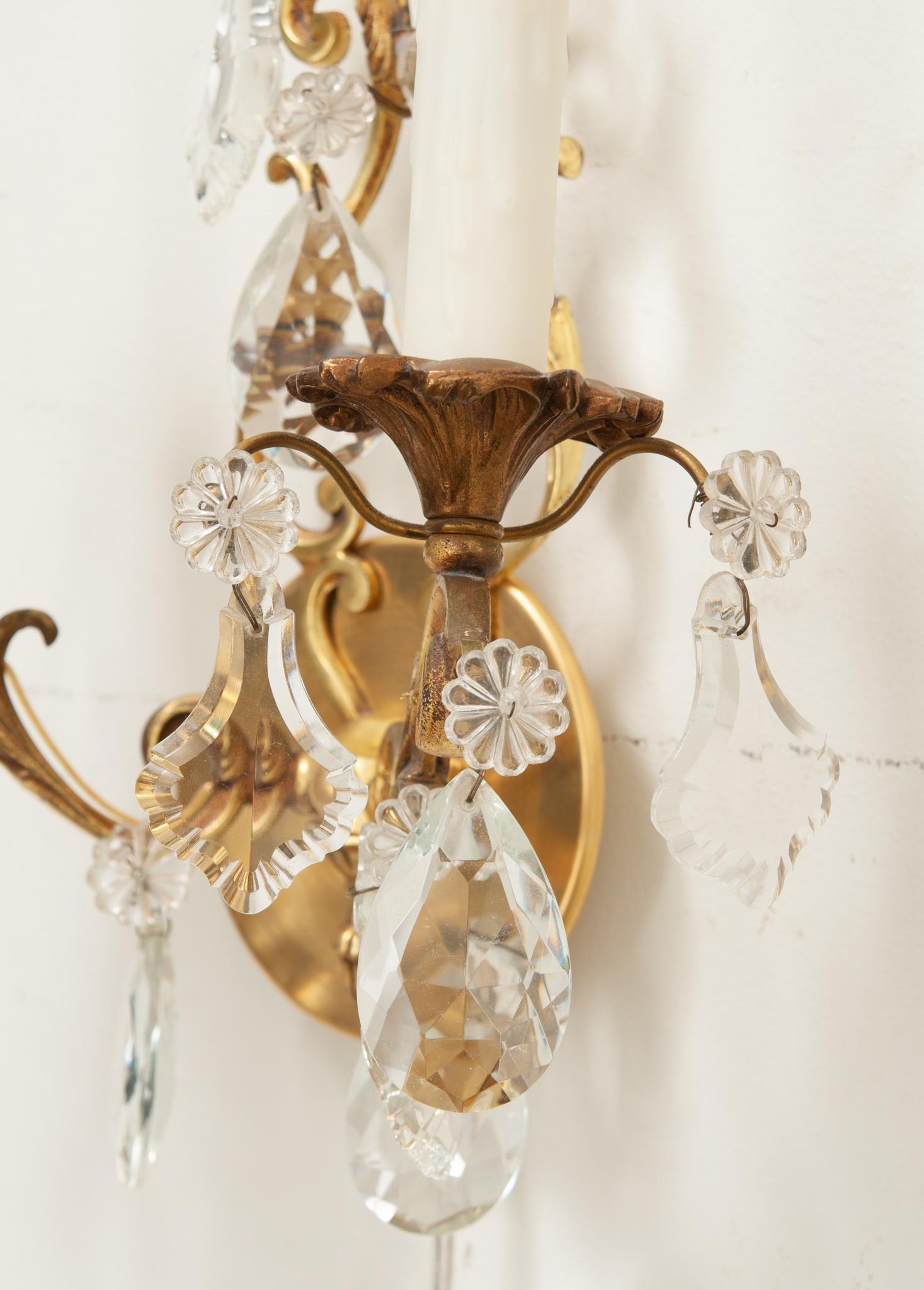 French Pair of Brass & Crystal Sconces For Sale 5