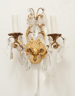 French Early 20th Century Pair of Brass & Crystal Sconces