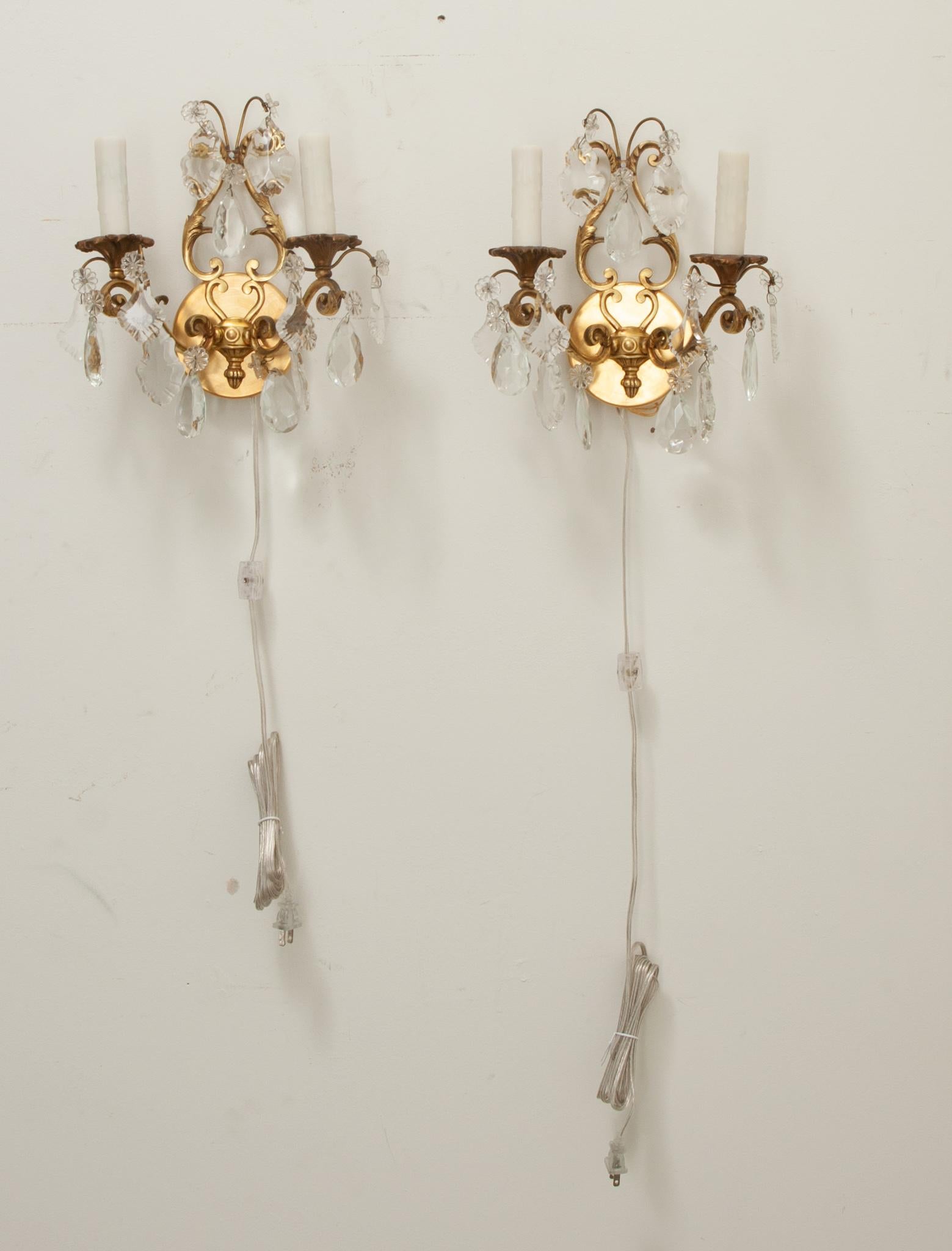 Other French Pair of Brass & Crystal Sconces For Sale