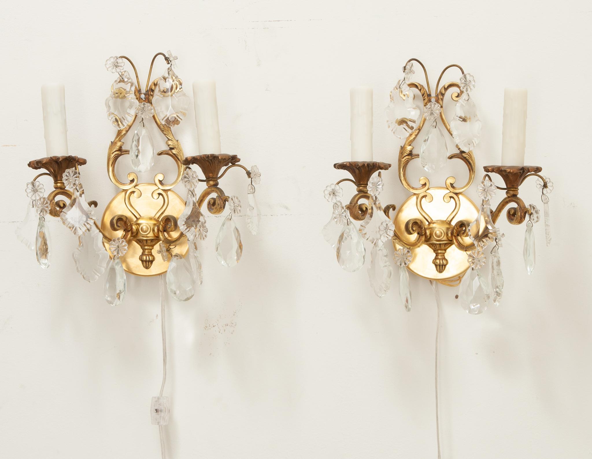 Metalwork French Pair of Brass & Crystal Sconces For Sale