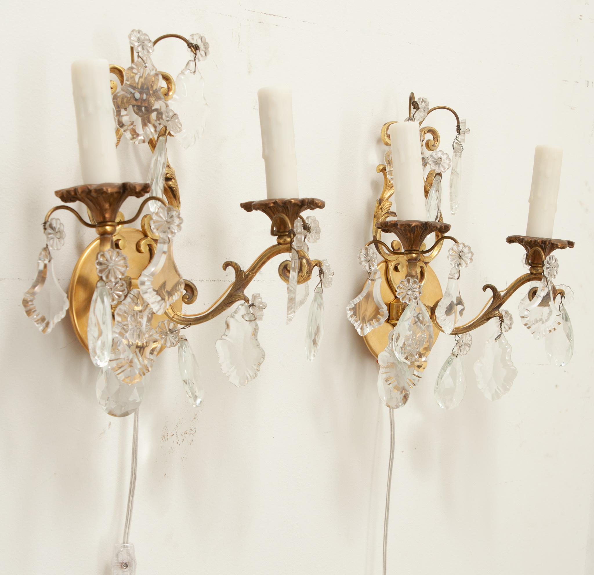 20th Century French Pair of Brass & Crystal Sconces For Sale
