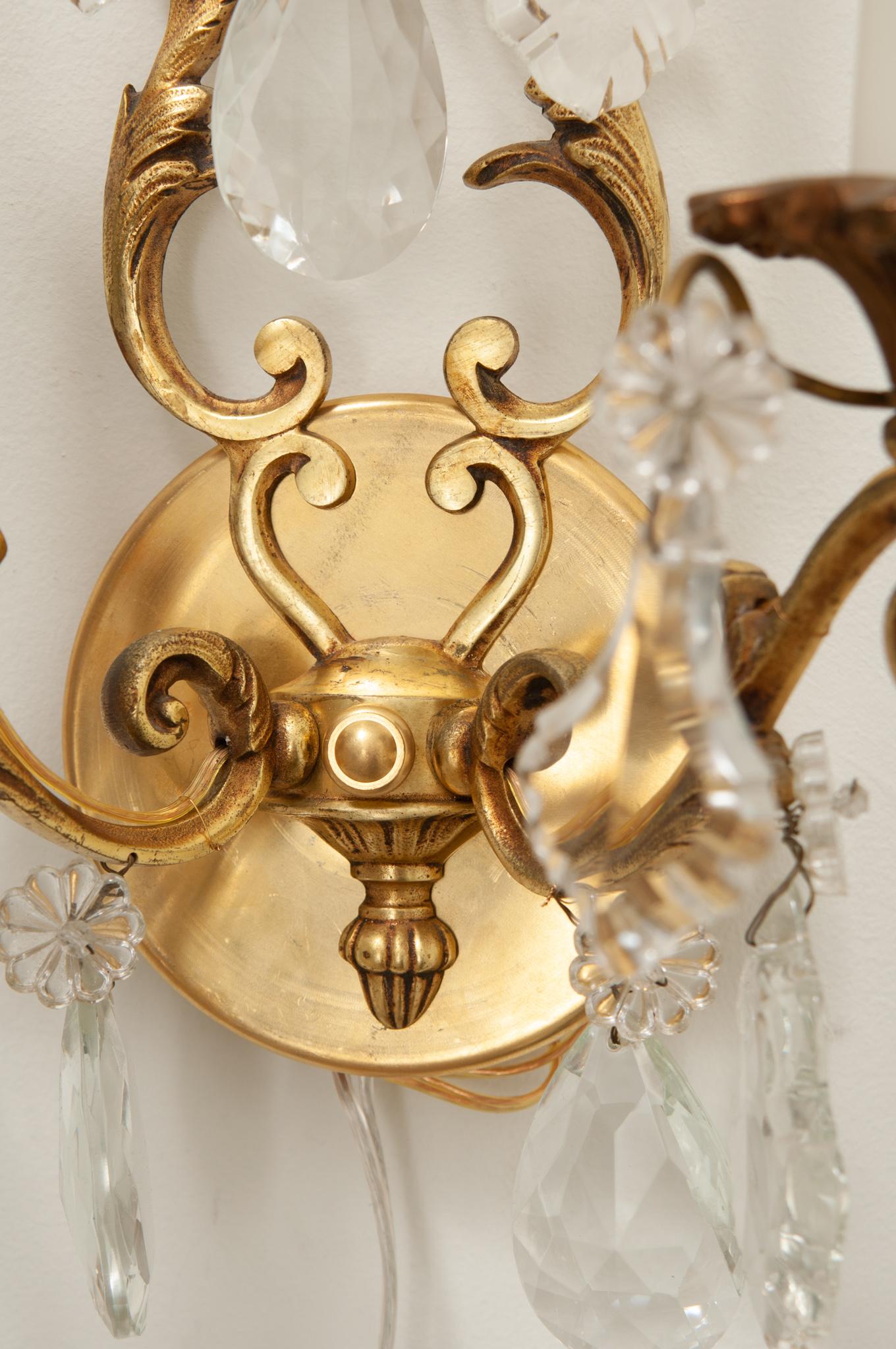 French Pair of Brass & Crystal Sconces For Sale 1