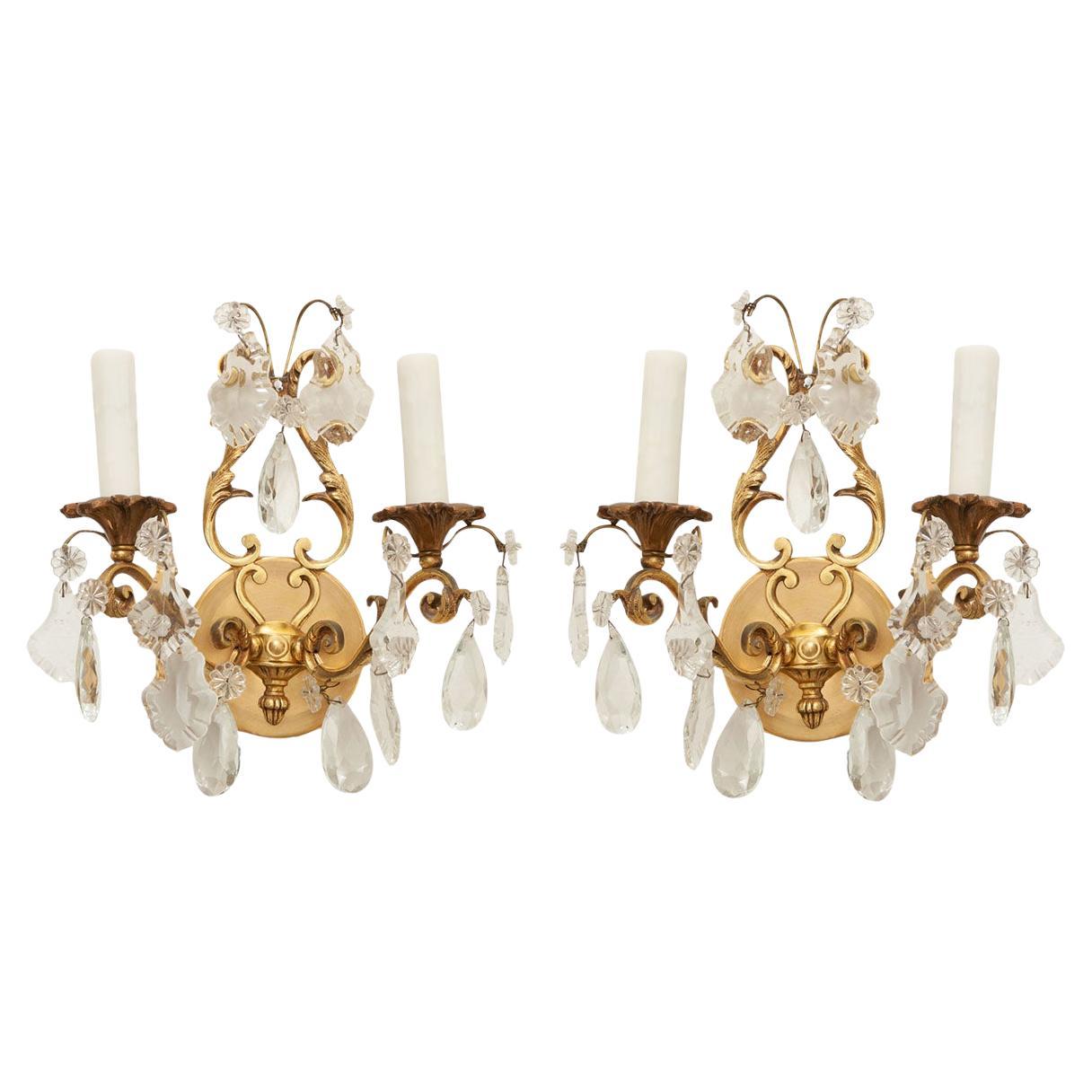 French Pair of Brass & Crystal Sconces For Sale