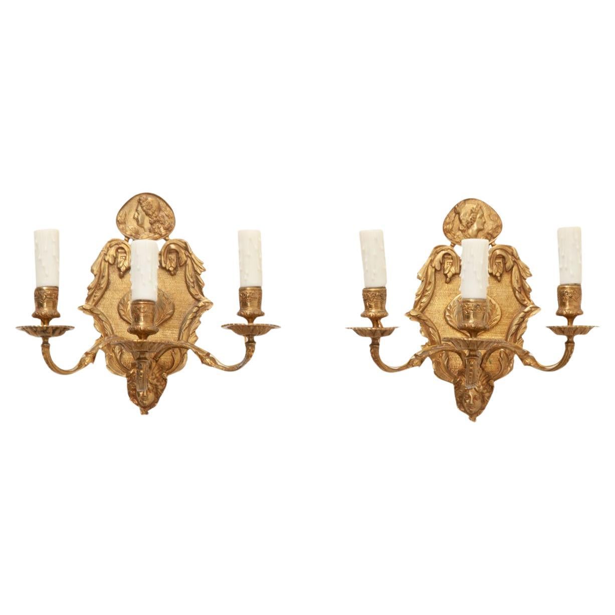 French Pair of Brass Sconces For Sale
