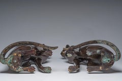 French Pair of Bronze Cats from the Egyptian Revival Art Deco Style, Signed