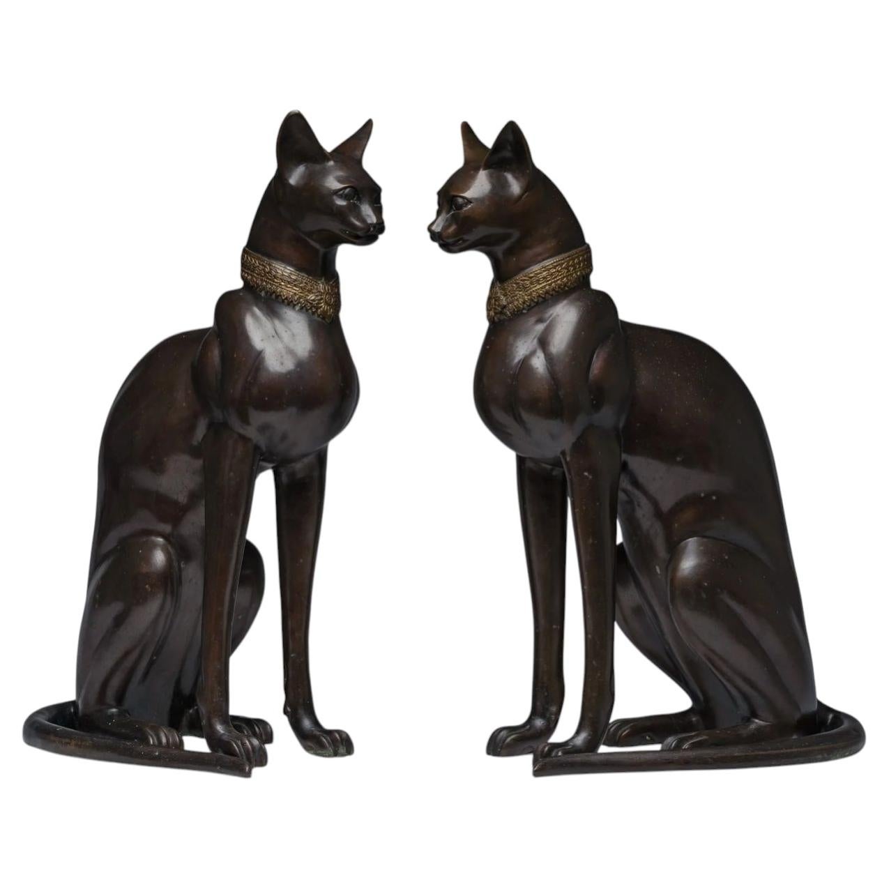 French Pair of Bronze Cats from the Egyptian Revival Art Deco Style, Signed