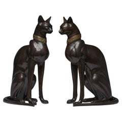 French Pair of Bronze Cats from the Egyptian Revival Art Deco Style, Signed