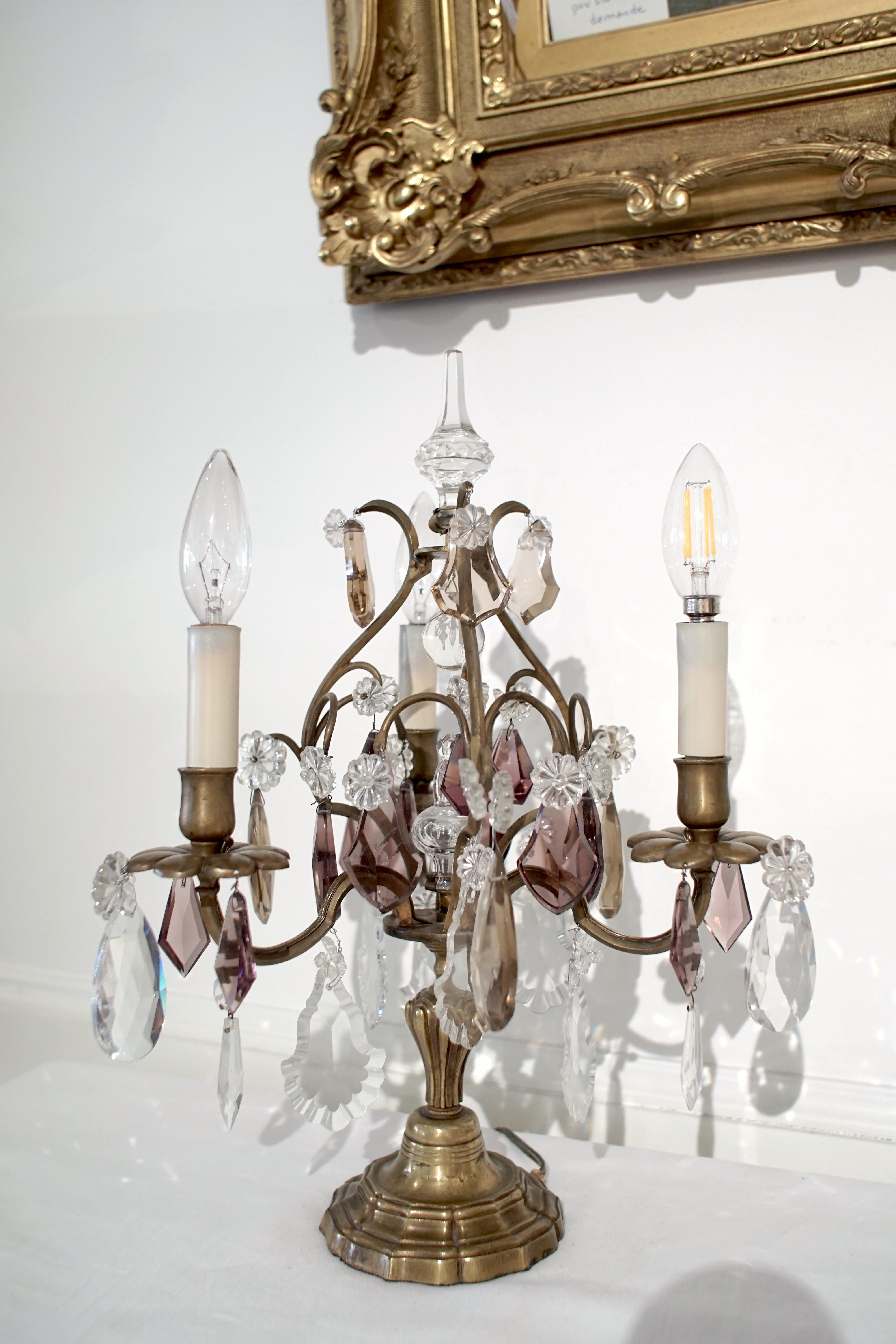 French Pair of Bronze Girandoles Candelabras with Clear and Amethyst Crystals For Sale 6