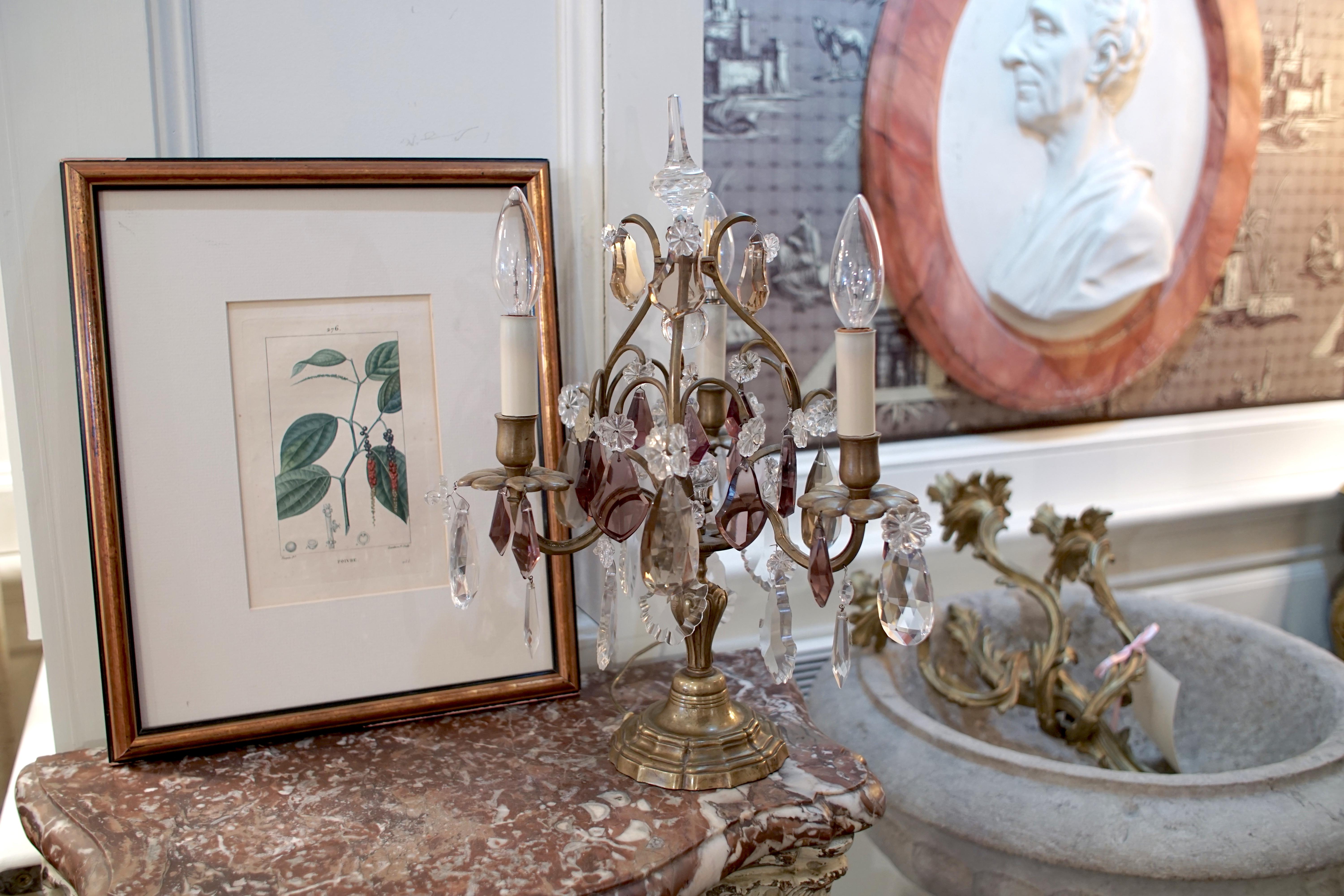 French Pair of Bronze Girandoles Candelabras with Clear and Amethyst Crystals In Good Condition For Sale In Montreal, Quebec