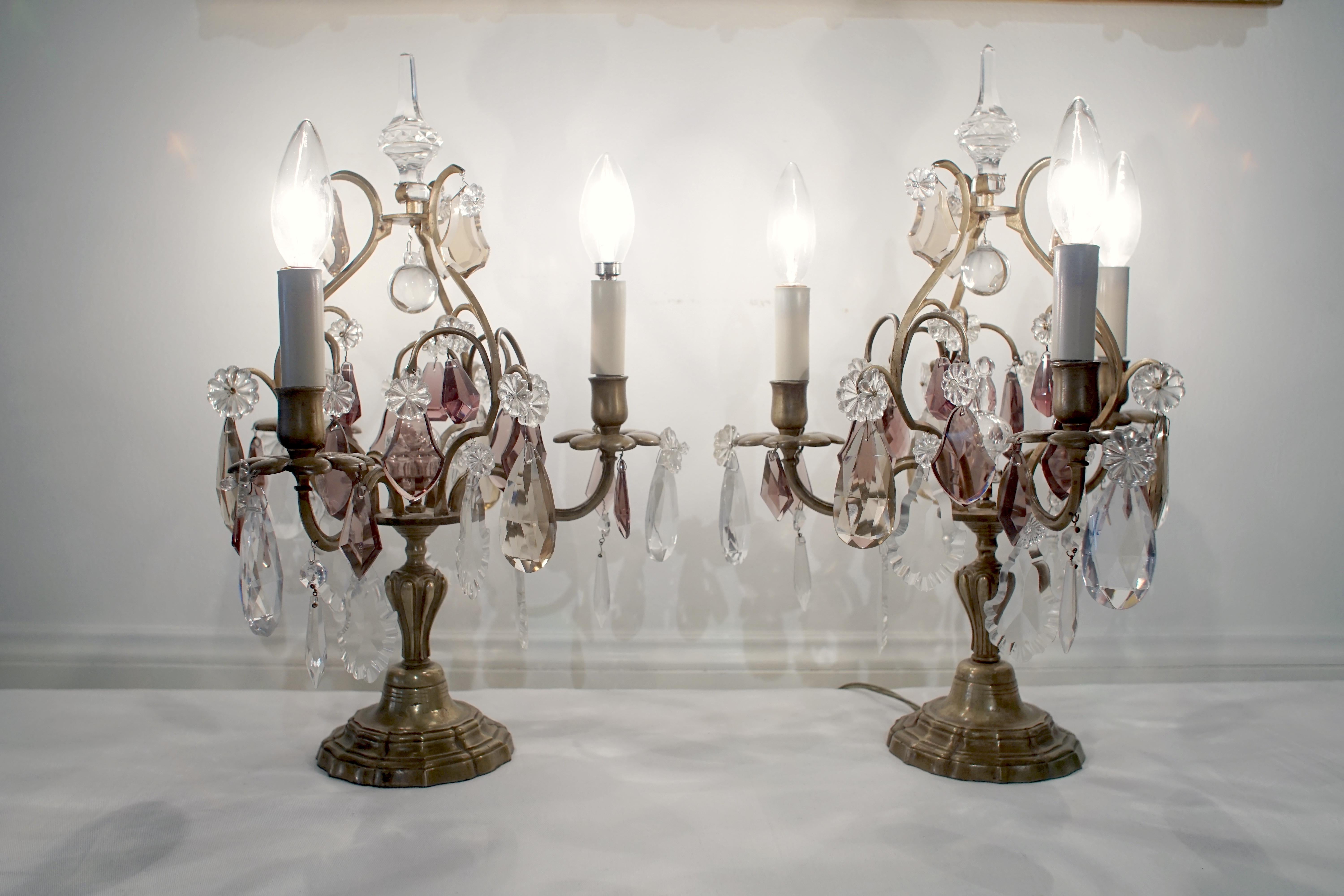 French Pair of Bronze Girandoles Candelabras with Clear and Amethyst Crystals For Sale 4