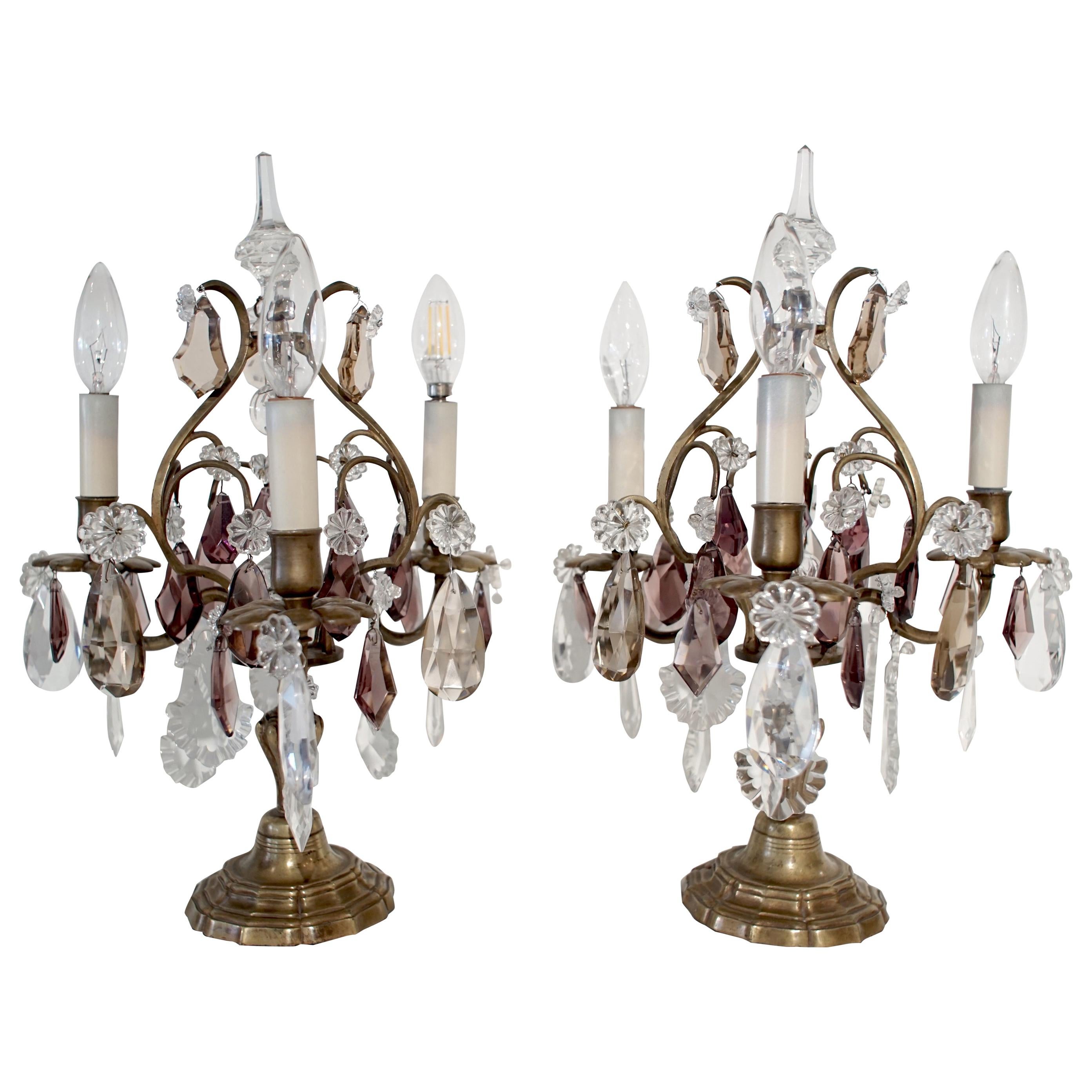 French Pair of Bronze Girandoles Candelabras with Clear and Amethyst Crystals For Sale