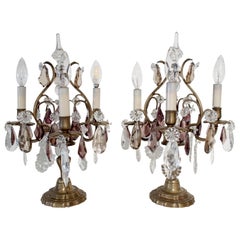 French Pair of Bronze Girandoles Candelabras with Clear and Amethyst Crystals