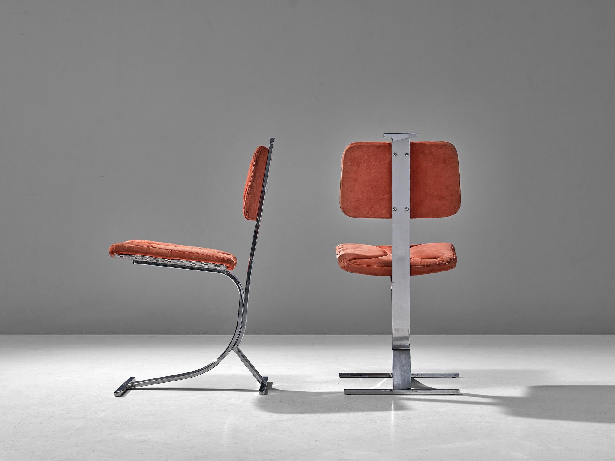 Mid-Century Modern French Pair of Cantilevered Chairs in Red Upholstery and Steel 