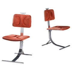 French Pair of Cantilevered Chairs in Red Upholstery and Steel