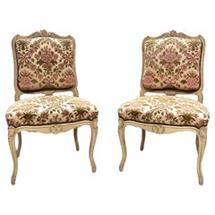 Antique French pair of carved painted wood and velvet chairs - Louis XV style - France
