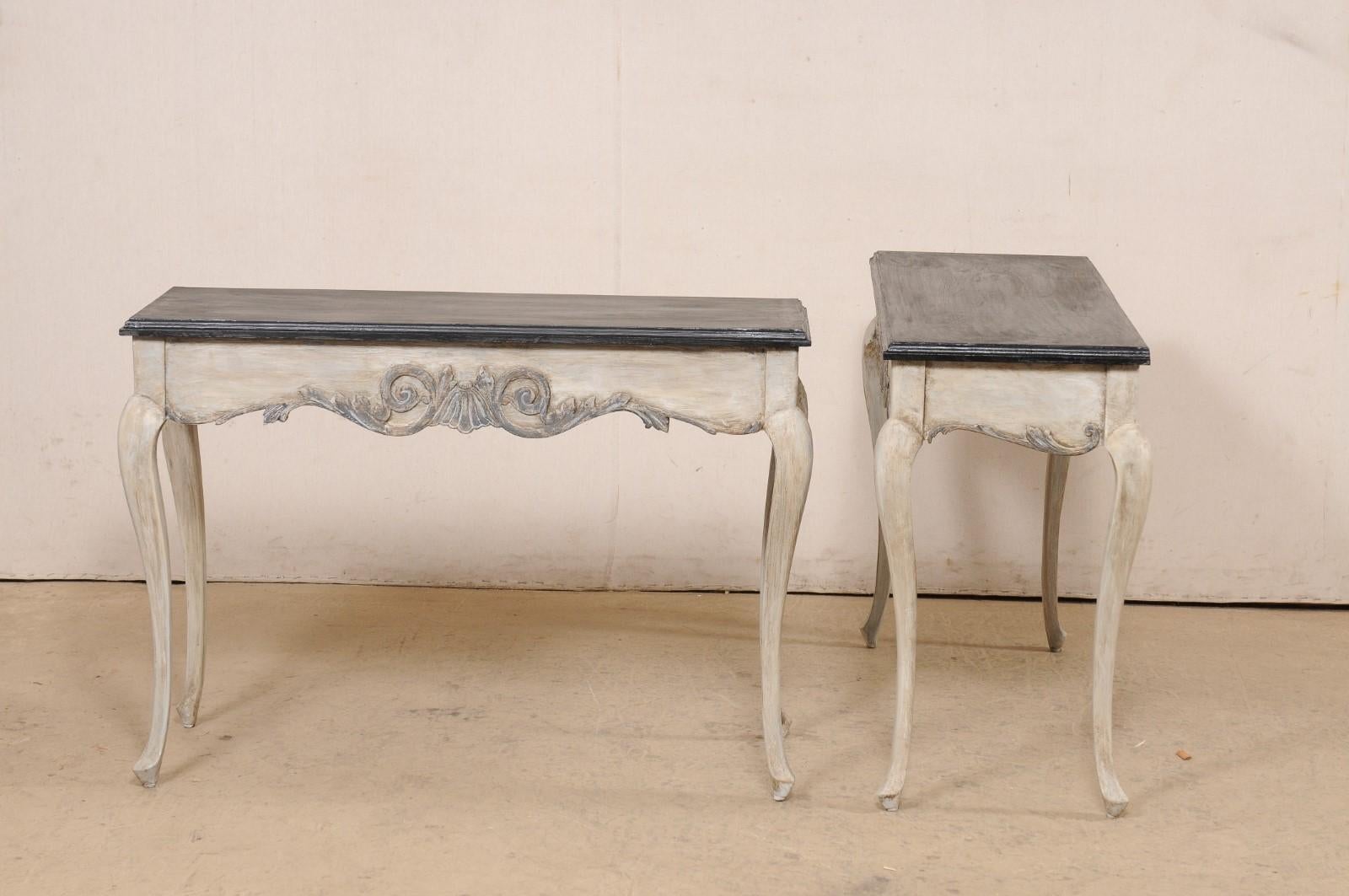French Pair of Carved Wall Consoles w/Scalloped Skirting, Black Tops w/Greige For Sale 5