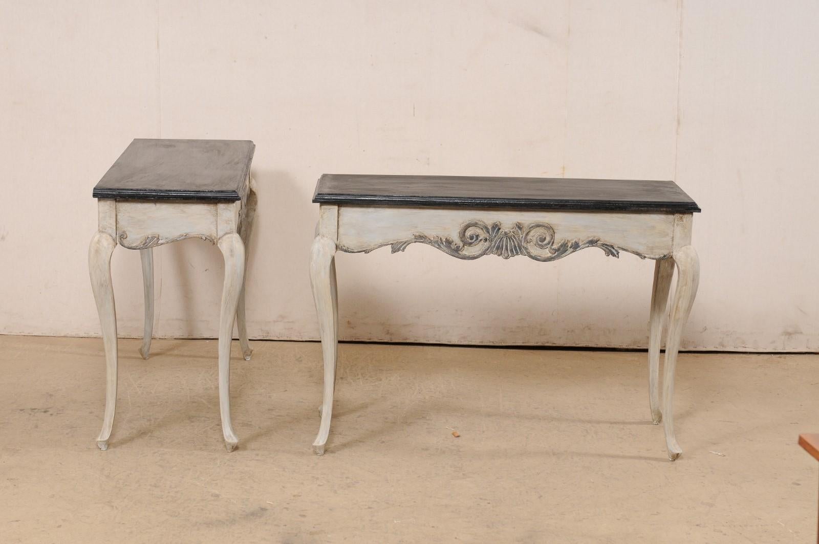 French Pair of Carved Wall Consoles w/Scalloped Skirting, Black Tops w/Greige For Sale 2