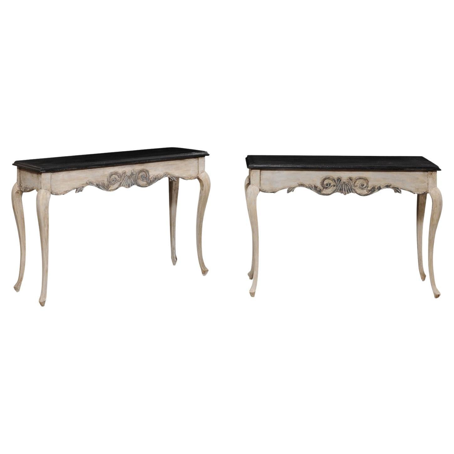 French Pair of Carved Wall Consoles w/Scalloped Skirting, Black Tops w/Greige