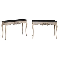 French Pair of Carved Wall Consoles w/Scalloped Skirting, Black Tops w/Greige
