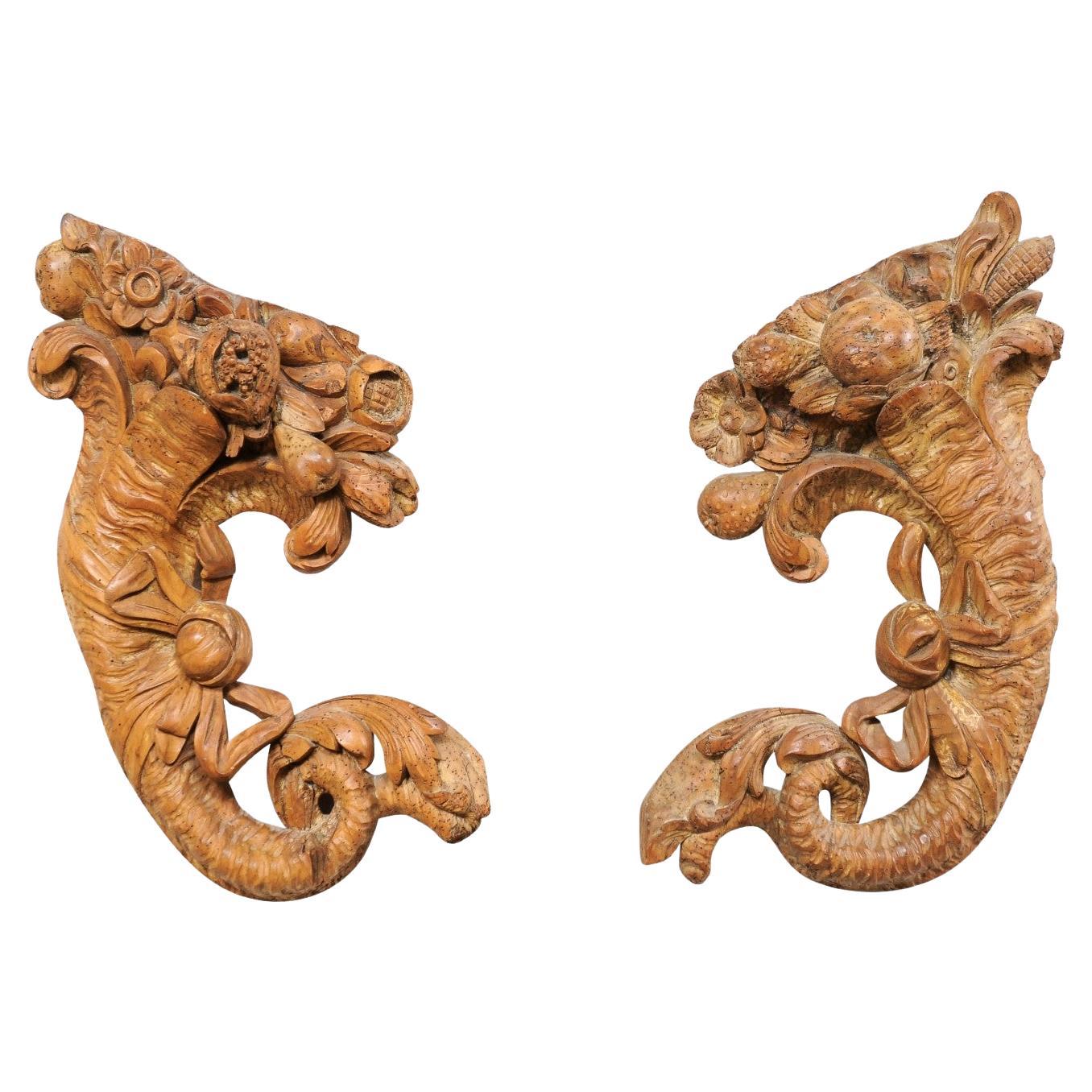 French Pair of Carved-Wood Cornucopia Wall Plaques, Turn of the 18th and 19th C. For Sale
