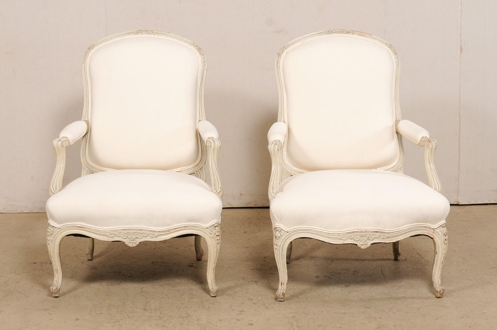 French Pair of Carved-Wood & Newly Upholstered Armchairs from the Early 20th C For Sale 6