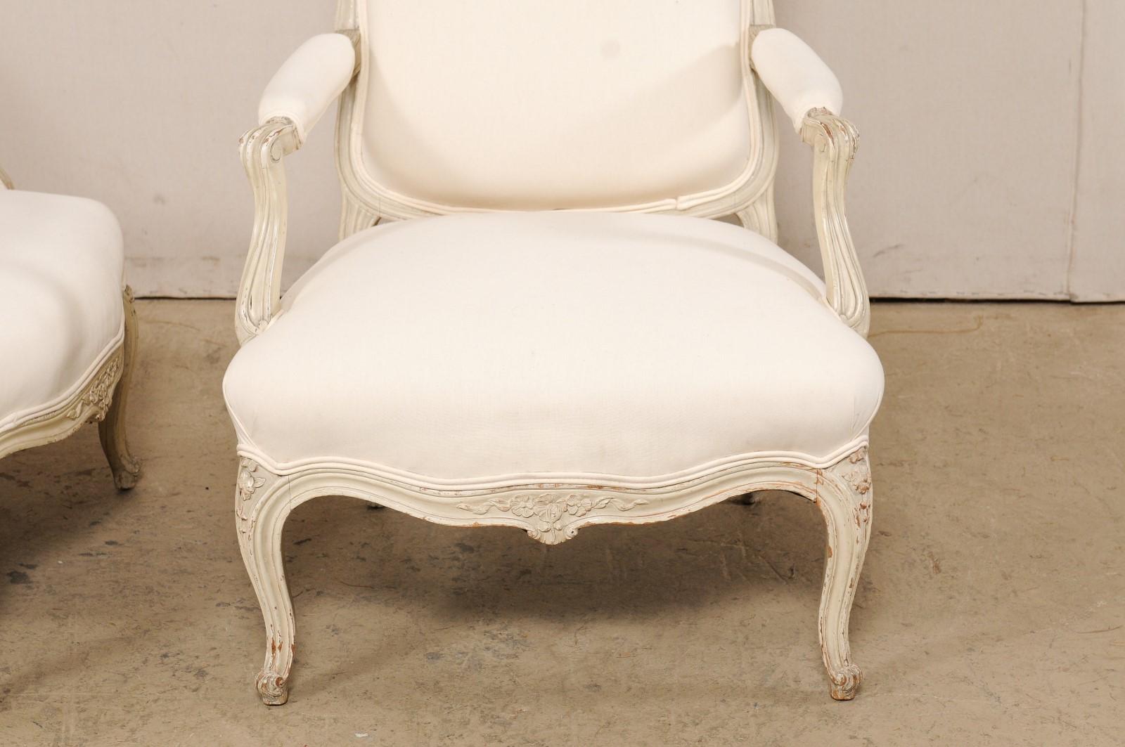 French Pair of Carved-Wood & Newly Upholstered Armchairs from the Early 20th C For Sale 1