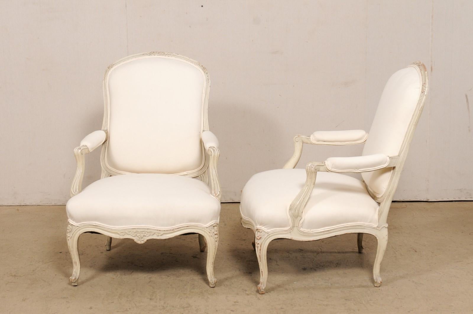 French Pair of Carved-Wood & Newly Upholstered Armchairs from the Early 20th C For Sale 4