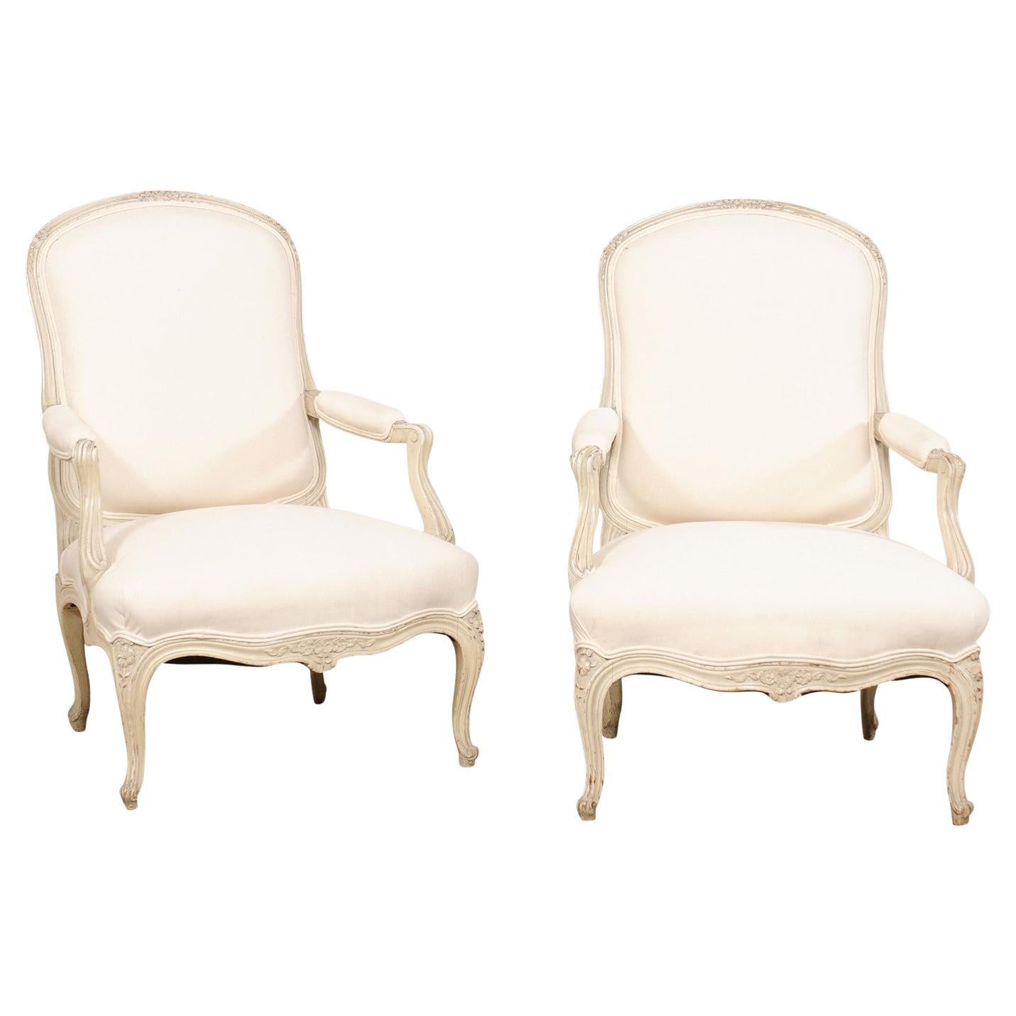 French Pair of Carved-Wood & Newly Upholstered Armchairs from the Early 20th C For Sale