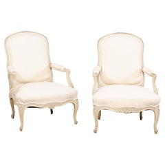 French Pair of Carved-Wood & Newly Upholstered Armchairs from the Early 20th C