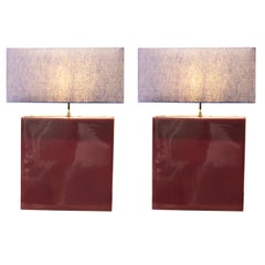 French Pair of Ceramic Table Lamps with Burgundy Glaze, 1960s