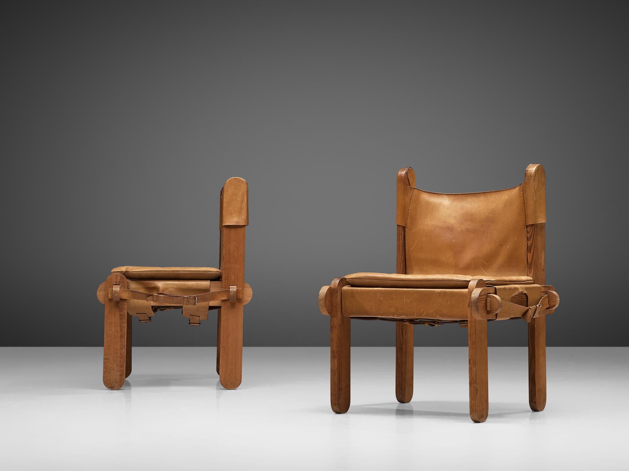Mid-Century Modern French Pair of Chairs in Cognac Leather