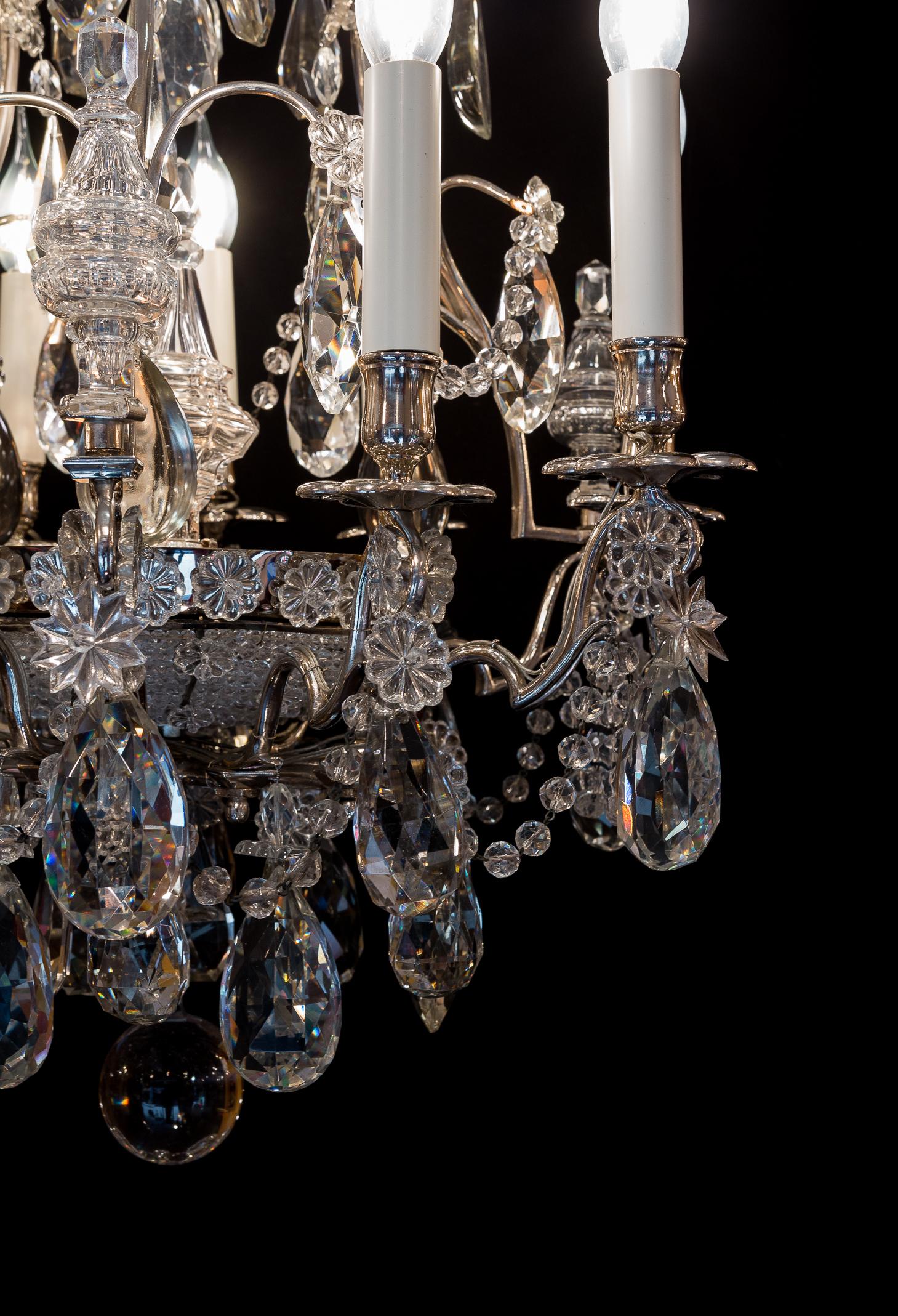 French Pair of Chandeliers by Baguès and Baccarat, Silver-Plate and Cut Crystal For Sale 11