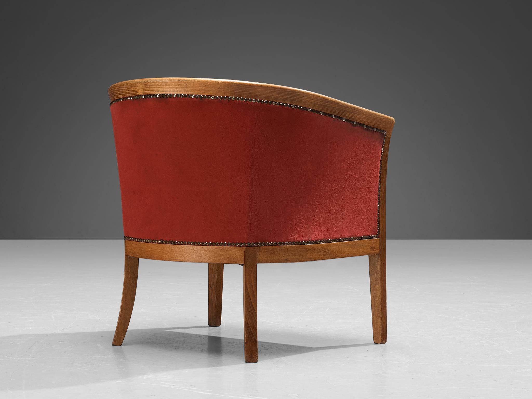 Art Deco French Pair of Club Chairs in Red Upholstery