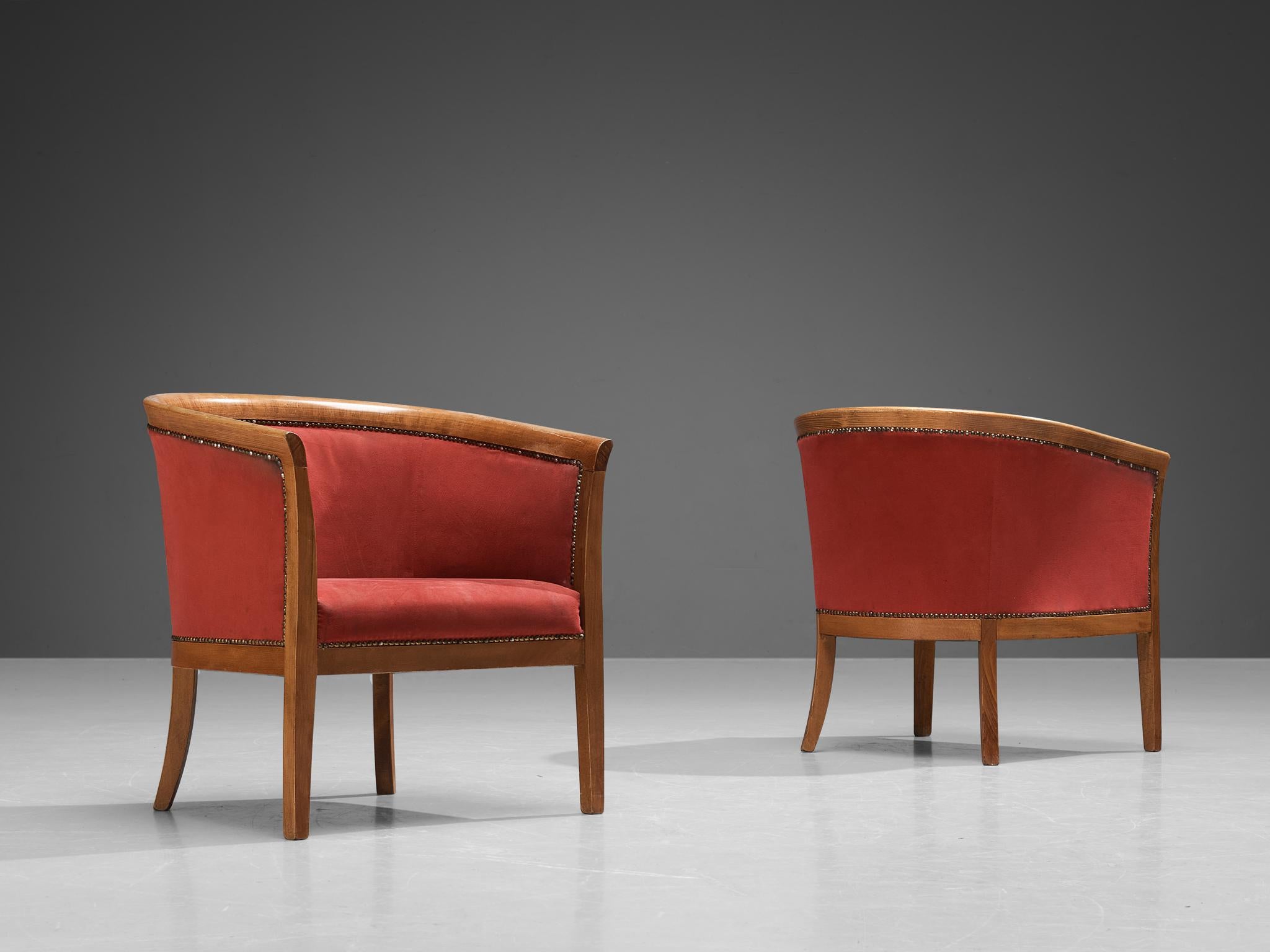 Mid-20th Century French Pair of Club Chairs in Red Upholstery