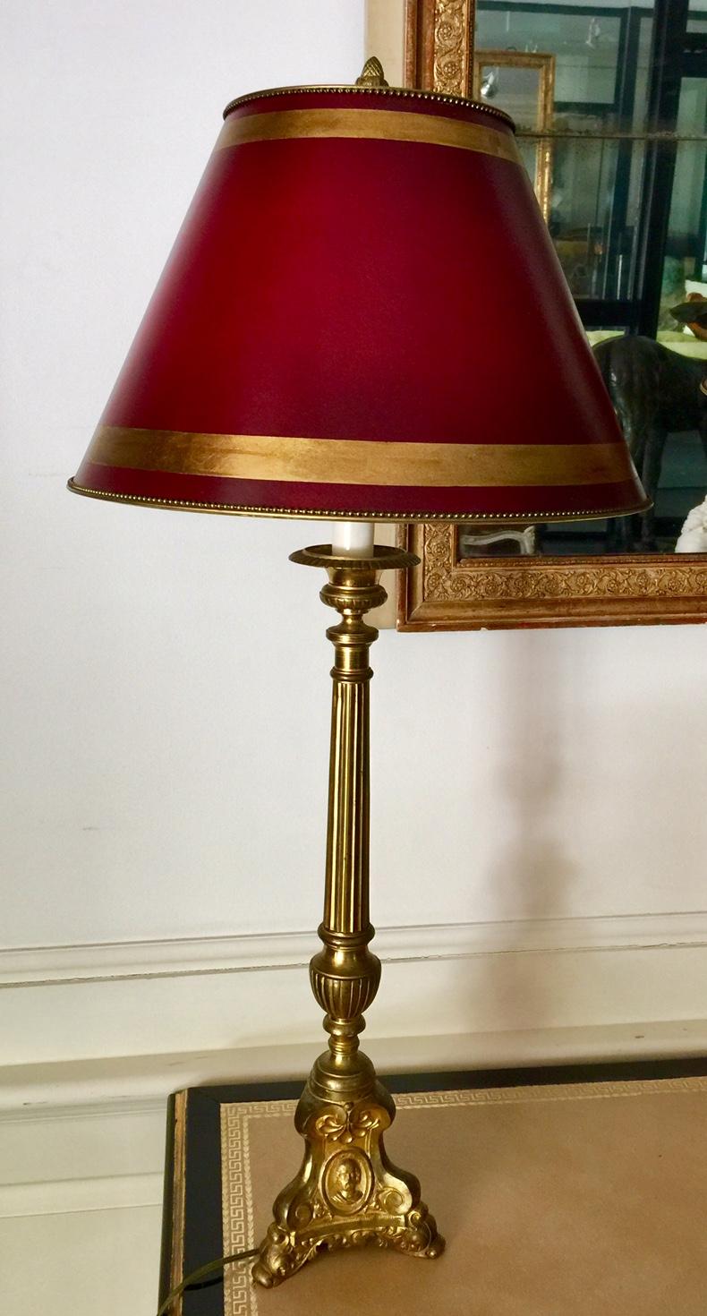 Neoclassical French Pair of Column Lamps with Burgundy Red Parchment Shades