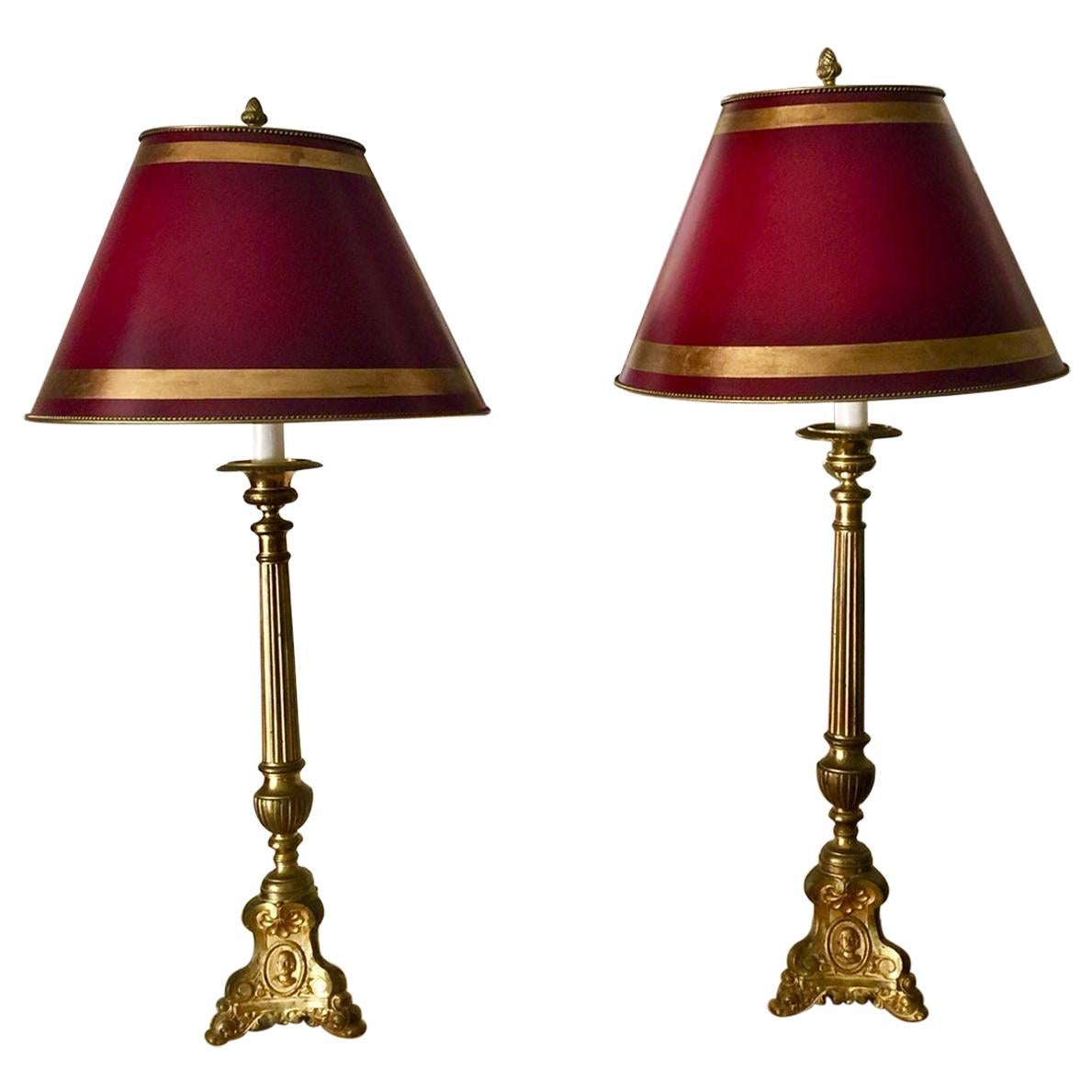 French Pair of Column Lamps with Burgundy Red Parchment Shades