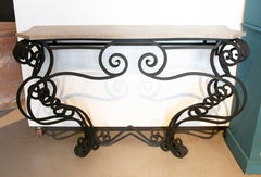 French Pair of Consoles with Iron Base and Spanish Marble Top